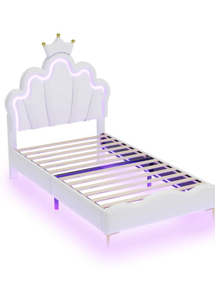 Comanlai Letto per bambini 90x200 cm con luce LED e testiera a forma di corona, letto imbottito con rete a doghe, pelle PU, bianco