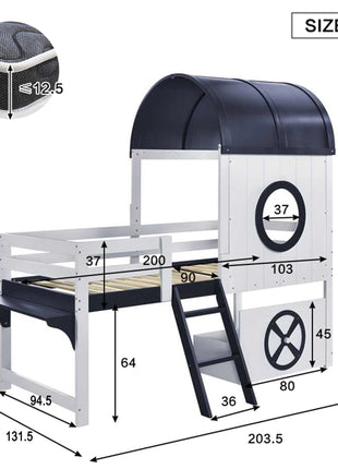 Letto a castello, letto a castello, lettino con tetto e finestra, cassetto inferiore con rulli, pratica scala a due stadi, pino + Sperrholz 90x200 cm