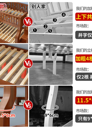 Letti a castello in legno massello per bambini, combinazione a due livelli, letto superiore e inferiore con scivolo