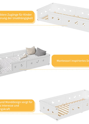 Letto a terra Montessori per bambini Rosahqnda 90/120/140x200cm, Bianco, Protezione anticaduta rimovibile e porta, Struttura a doghe in pino massiccio