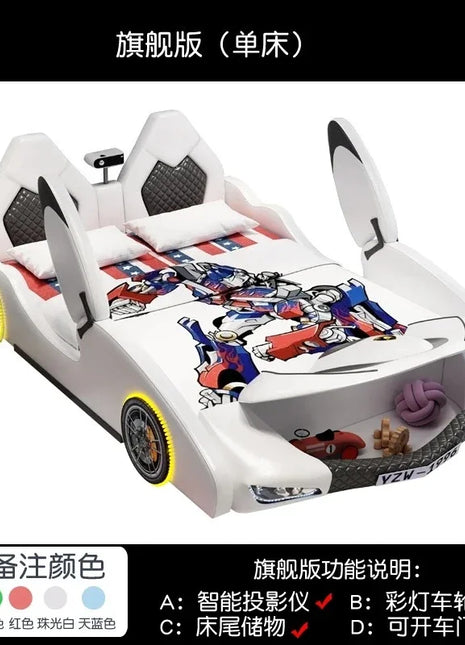 camera da letto queen per bambini base per auto telaio letto matrimoniale letto per bambini full size Proiettore intelligente luci colorate ruote porta dell'auto aperta