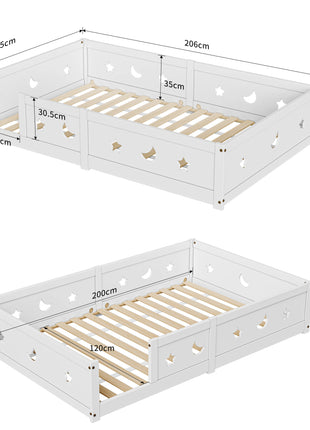 Letto a terra Montessori per bambini Rosahqnda 90/120/140x200cm, Bianco, Protezione anticaduta rimovibile e porta, Struttura a doghe in pino massiccio