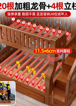 Letti a castello in legno massello per bambini, combinazione a due livelli, letto superiore e inferiore con scivolo