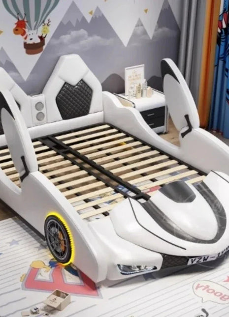 camera da letto queen per bambini base per auto telaio letto matrimoniale letto per bambini full size Proiettore intelligente luci colorate ruote porta dell'auto aperta