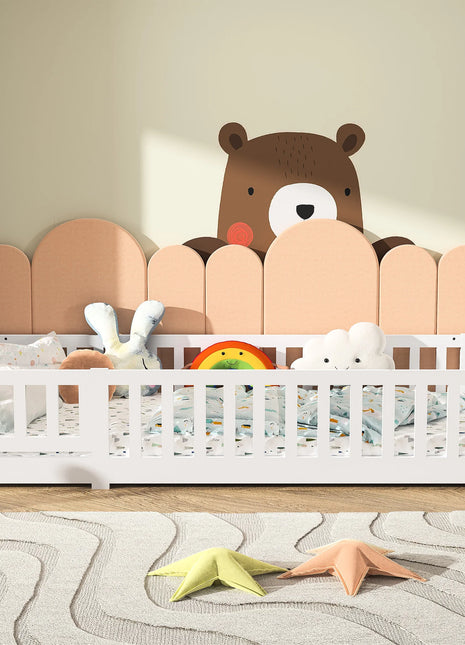 Letto a terra Montessori per bambini Rosahqnda 90/120/140x200cm, Bianco, Protezione anticaduta rimovibile e porta, Struttura a doghe in pino massiccio