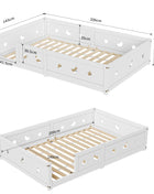 Letto a terra Montessori per bambini Rosahqnda 90/120/140x200cm, Bianco, Protezione anticaduta rimovibile e porta, Struttura a doghe in pino massiccio