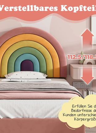 Comanlai 90 * 200 cm Letto imbottito in velluto Letto singolo in legno per bambine, letto per bambini con testiera arcobaleno rosa