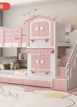 Letto a Castello per Bambine JC, Letto a Due Piani Rosa Stile Principessa con Scivolo
