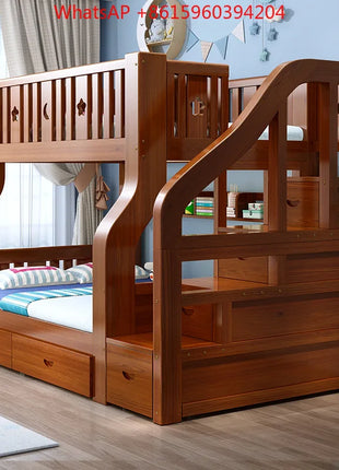 Letti a castello in legno massello per bambini, combinazione a due livelli, letto superiore e inferiore con scivolo