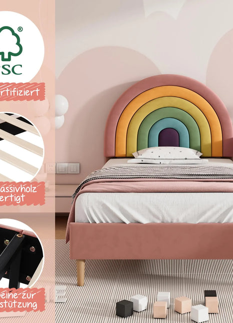 Comanlai 90 * 200 cm Letto imbottito in velluto Letto singolo in legno per bambine, letto per bambini con testiera arcobaleno rosa