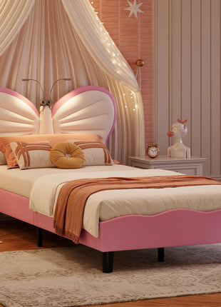 Rosahqnda Letto per bambini 90x200 cm,Cama singolo per ragazzi e ragazze,Culla a farfalla con luce LED, testiera regolabile in velluto,senza materasso