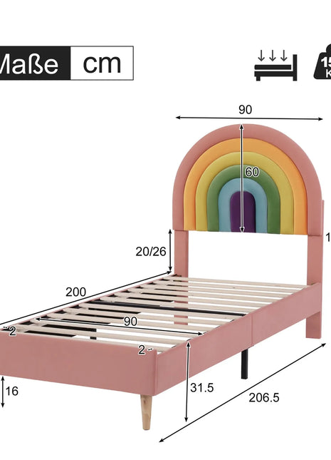 Comanlai 90 * 200 cm Letto imbottito in velluto Letto singolo in legno per bambine, letto per bambini con testiera arcobaleno rosa