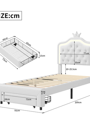 Letto Imbottito Comanlia con Struttura, Letto Singolo per Bambini con Cassetto e Illuminazione, Testiera a Corona, Ecopelle, Bianco