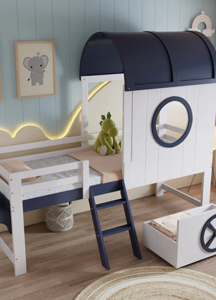 Letto a castello, letto a castello, lettino con tetto e finestra, cassetto inferiore con rulli, pratica scala a due stadi, pino + Sperrholz 90x200 cm