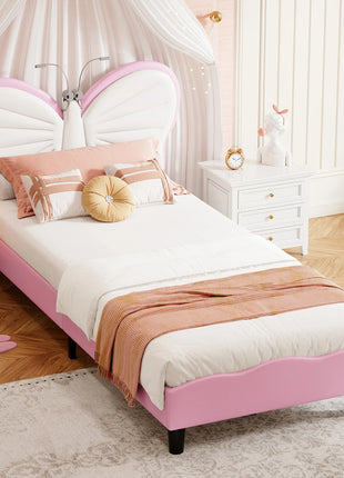 Rosahqnda Letto per bambini 90x200 cm,Cama singolo per ragazzi e ragazze,Culla a farfalla con luce LED, testiera regolabile in velluto,senza materasso