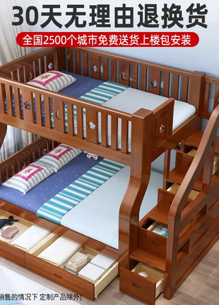 Letti a castello in legno massello per bambini, combinazione a due livelli, letto superiore e inferiore con scivolo