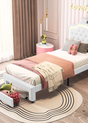 Letto Imbottito Comanlia con Struttura, Letto Singolo per Bambini con Cassetto e Illuminazione, Testiera a Corona, Ecopelle, Bianco