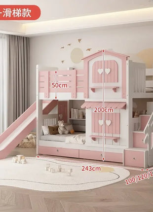 Letto a Castello per Bambine JC, Letto a Due Piani Rosa Stile Principessa con Scivolo