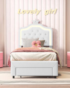 Letto Imbottito Comanlia con Struttura, Letto Singolo per Bambini con Cassetto e Illuminazione, Testiera a Corona, Ecopelle, Bianco