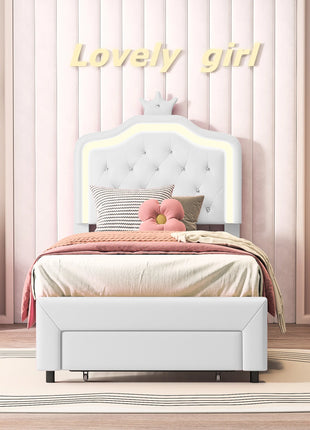 Letto Imbottito Comanlia con Struttura, Letto Singolo per Bambini con Cassetto e Illuminazione, Testiera a Corona, Ecopelle, Bianco