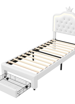 Letto Imbottito Comanlia con Struttura, Letto Singolo per Bambini con Cassetto e Illuminazione, Testiera a Corona, Ecopelle, Bianco