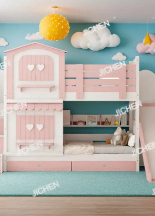 Letto a Castello per Bambine JC, Letto a Due Piani Rosa Stile Principessa con Scivolo