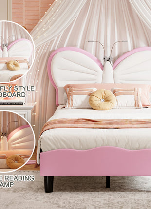 Rosahqnda Letto per bambini 90x200 cm,Cama singolo per ragazzi e ragazze,Culla a farfalla con luce LED, testiera regolabile in velluto,senza materasso