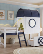 Letto a castello, letto a castello, lettino con tetto e finestra, cassetto inferiore con rulli, pratica scala a due stadi, pino + Sperrholz 90x200 cm