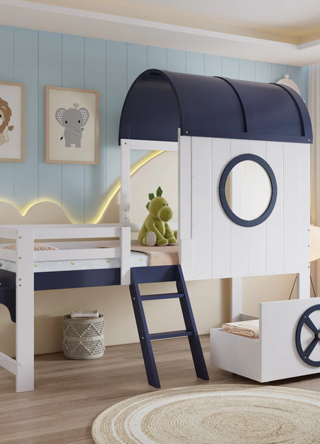 Letto a castello, letto a castello, lettino con tetto e finestra, cassetto inferiore con rulli, pratica scala a due stadi, pino + Sperrholz 90x200 cm