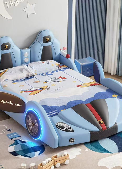 # Per letto per bambini moderno e fresco in stile auto Letto per bambini imbottito in pelle per ragazzi Letto matrimoniale creativo con guardrail