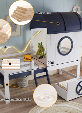 Letto a castello, letto a castello, lettino con tetto e finestra, cassetto inferiore con rulli, pratica scala a due stadi, pino + Sperrholz 90x200 cm