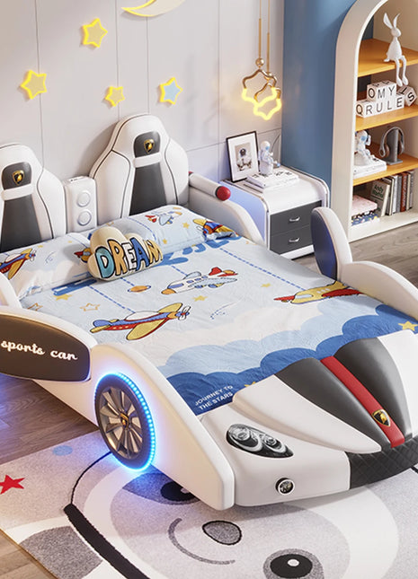 # Per letto per bambini moderno e fresco in stile auto Letto per bambini imbottito in pelle per ragazzi Letto matrimoniale creativo con guardrail