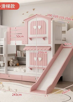 Letto a Castello per Bambine JC, Letto a Due Piani Rosa Stile Principessa con Scivolo