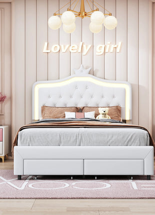 Letto Imbottito Comanlia con Struttura, Letto Singolo per Bambini con Cassetto e Illuminazione, Testiera a Corona, Ecopelle, Bianco