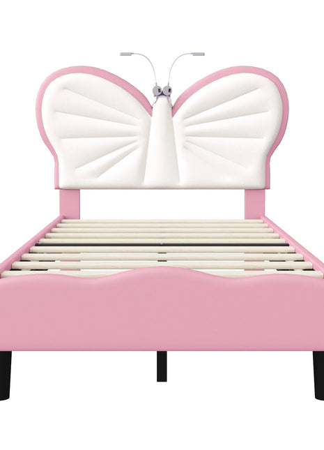 Rosahqnda Letto per bambini 90x200 cm,Cama singolo per ragazzi e ragazze,Culla a farfalla con luce LED, testiera regolabile in velluto,senza materasso