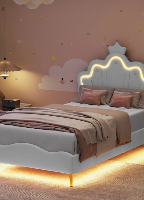 Comanlai Letto per bambini 90x200 cm con luce LED e testiera a forma di corona, letto imbottito con rete a doghe, pelle PU, bianco