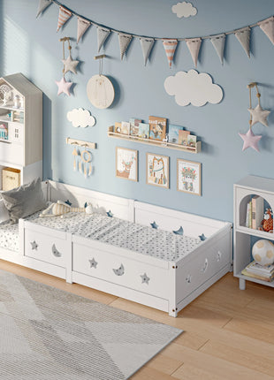 Letto a terra Montessori per bambini Rosahqnda 90/120/140x200cm, Bianco, Protezione anticaduta rimovibile e porta, Struttura a doghe in pino massiccio