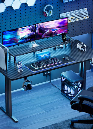 Scrivania da Gaming HLDIRECT con LED Scrivania per Gamer con 3 Prese e 2 Porte USB Scrivania pz Stabile per Gaming e Ufficio con Supporto Monitor Nera